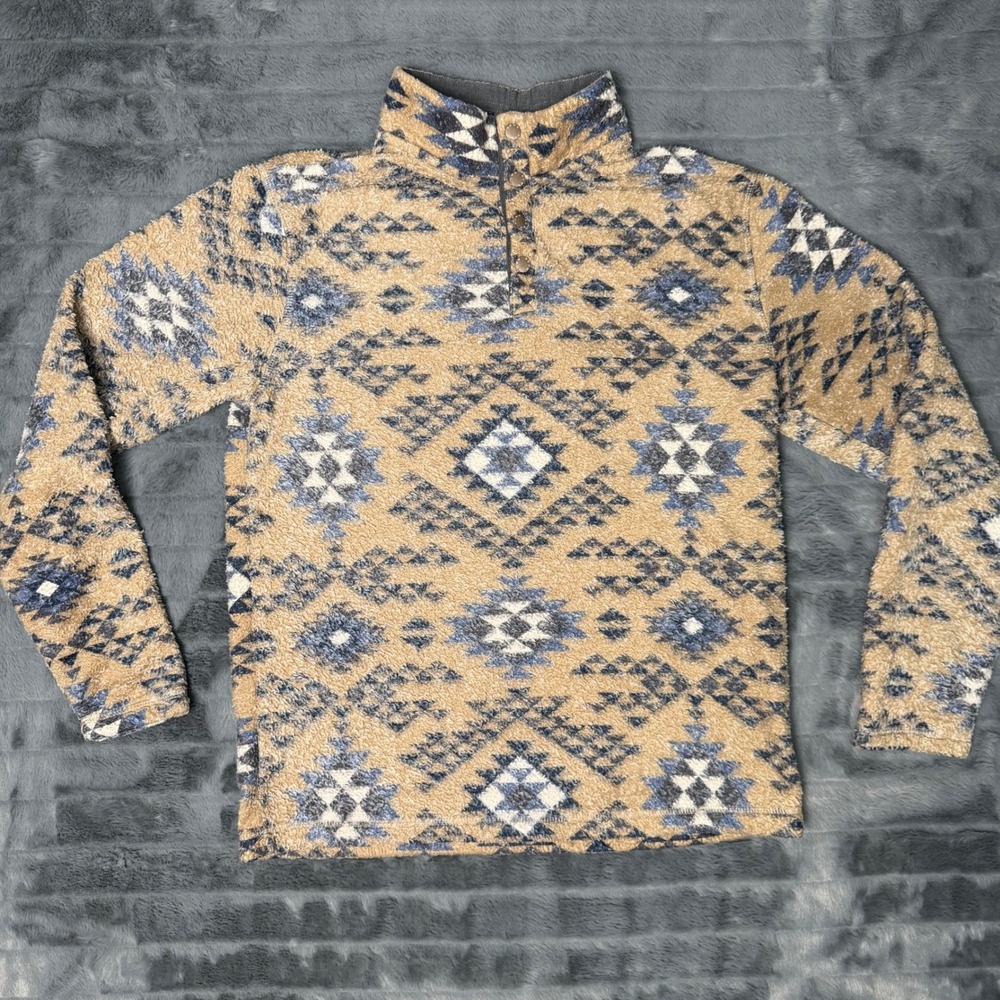 ROWM Mens Southwestern Sherpa Fleece Pullover Tan Blue Geometric Snap Mock M